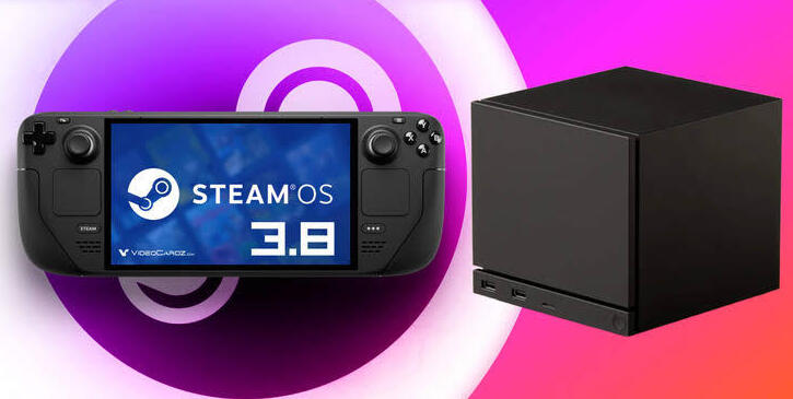 Steam Deck зі SteamOS 3.8 поруч із компактною Steam Machine