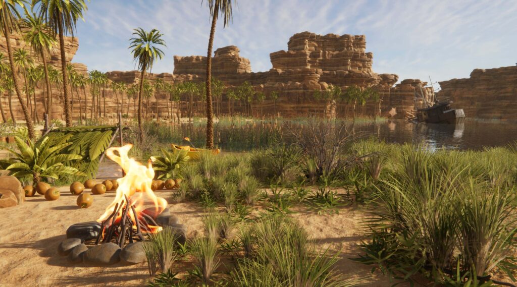 Виживання у Stranded Deep 2: табір із багаттям та каяком на березі річки серед пустельних каньйонів