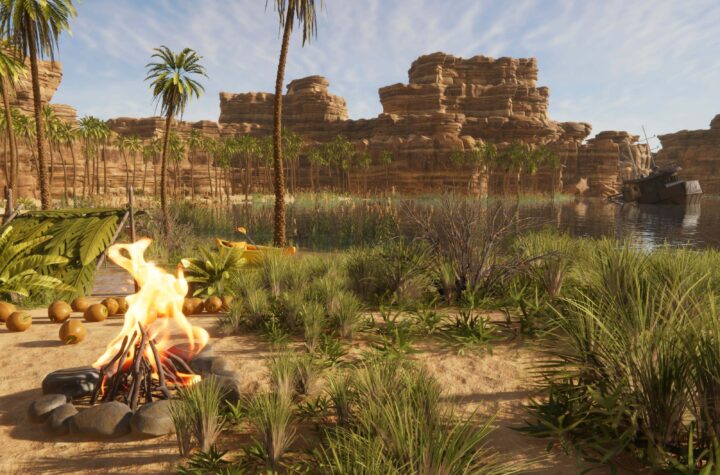 Виживання у Stranded Deep 2: табір із багаттям та каяком на березі річки серед пустельних каньйонів