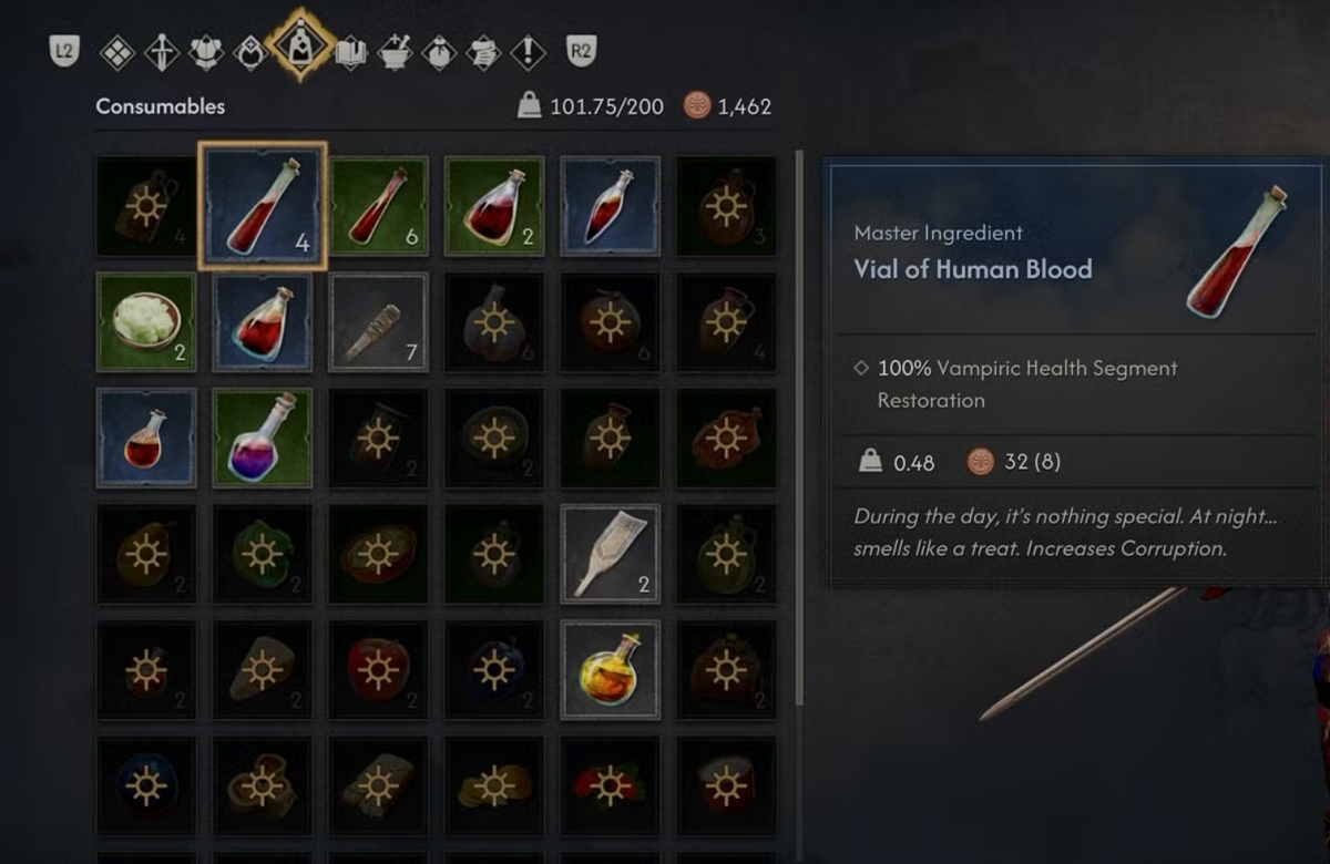 Флакон людської крові в інвентарі The Blood of Dawnwalker