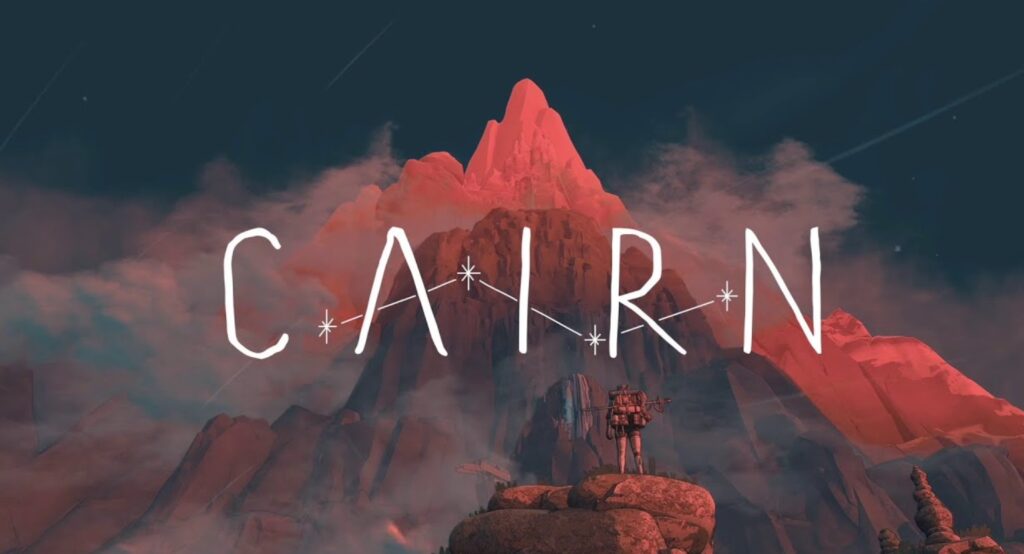 Офіційний постер гри Cairn із зображенням альпініста на тлі червоної гори