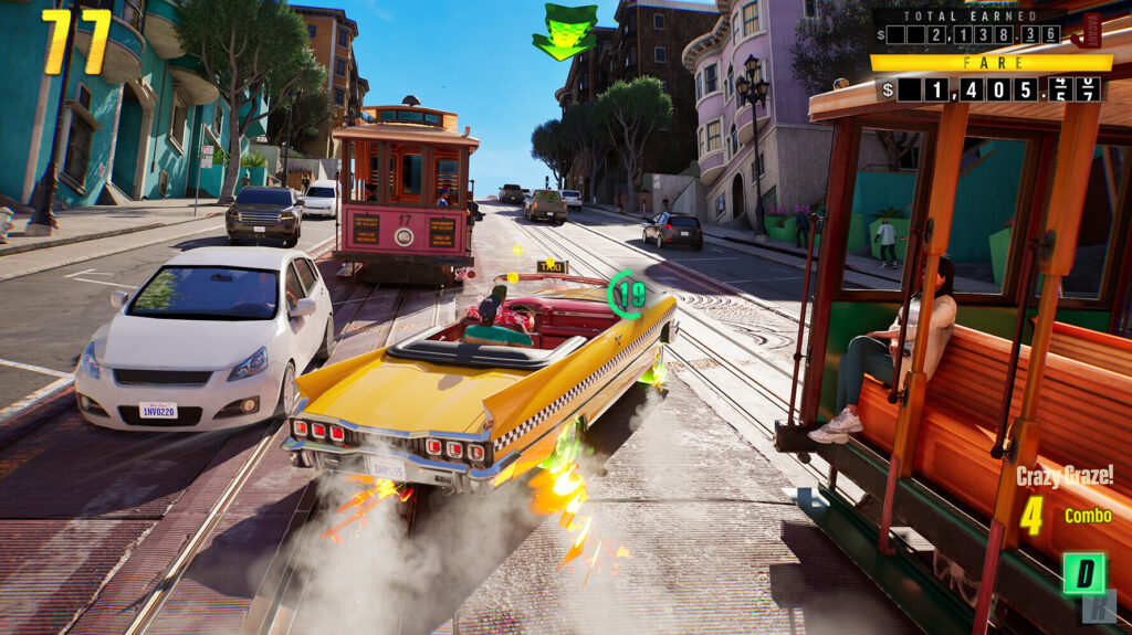 Жовте таксі маневрує між автомобілями й трамваями в Crazy Taxi: World Tour