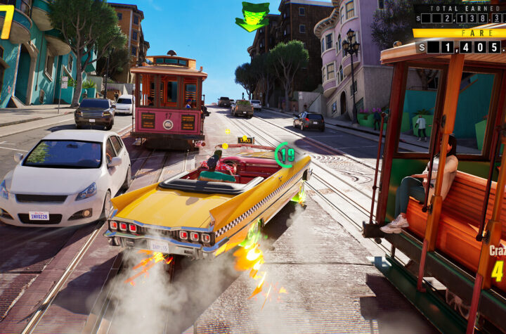 Жовте таксі маневрує між автомобілями й трамваями в Crazy Taxi: World Tour