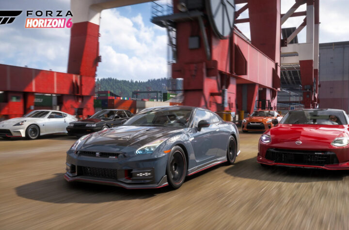 Спортивні автомобілі Nissan GT-R мчать серед портових кранів у Forza Horizon 6