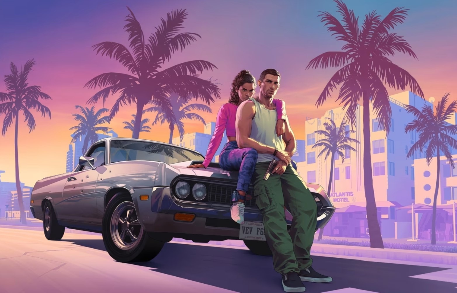 Двоє персонажів біля автомобіля на вулиці з пальмами в GTA 6