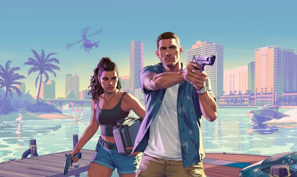 Двоє озброєних персонажів біля набережної Vice City у GTA 6