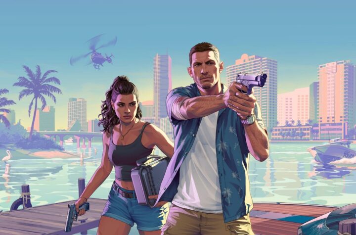 Двоє озброєних персонажів біля набережної Vice City у GTA 6