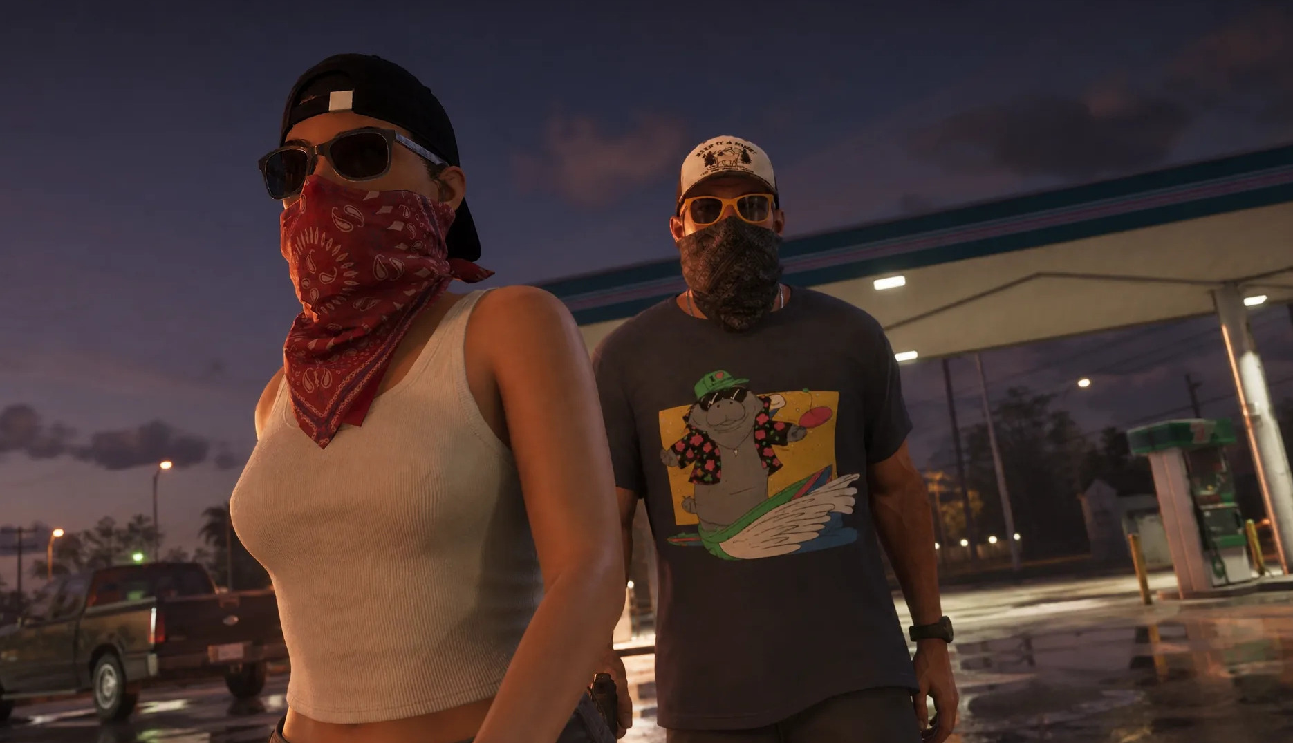 Двоє персонажів у масках біля автозаправної станції в GTA 6