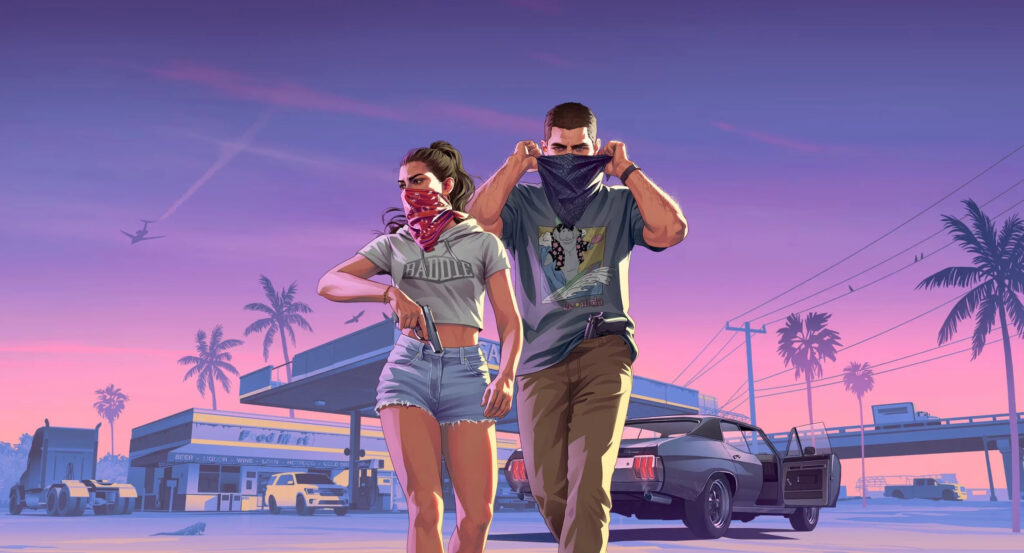 Двоє озброєних персонажів у масках біля автомобіля в GTA 6 Показати більше рядків