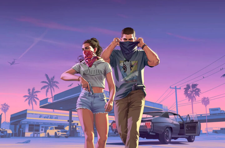 Двоє озброєних персонажів у масках біля автомобіля в GTA 6 Показати більше рядків