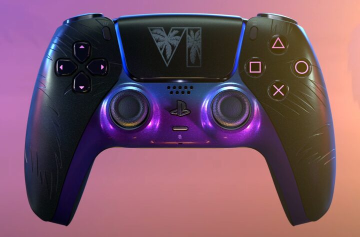 Глянцевий DualSense GTA VI у градієнті фіолетово-синього з логотипом VI
