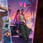 Колаж кадрів GTA 6: персонажі, автомобіль і атмосфера Vice City