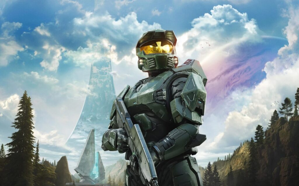 Master Chief зі зброєю на тлі гірського світу Halo