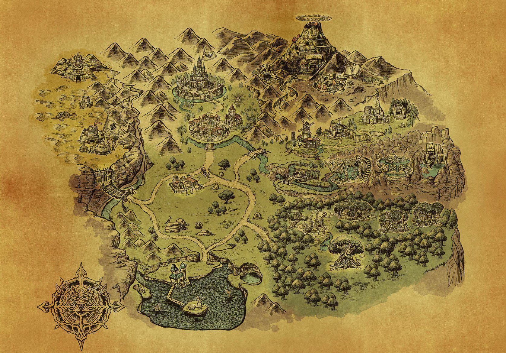 Ілюстрована мапа королівства Гайрул на пергаменті з The Legend of Zelda