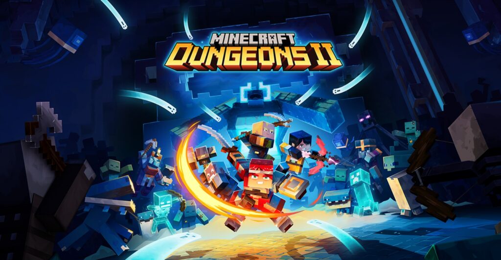 Офіційний постер гри Minecraft Dungeons II із героями та мобами у підземеллі