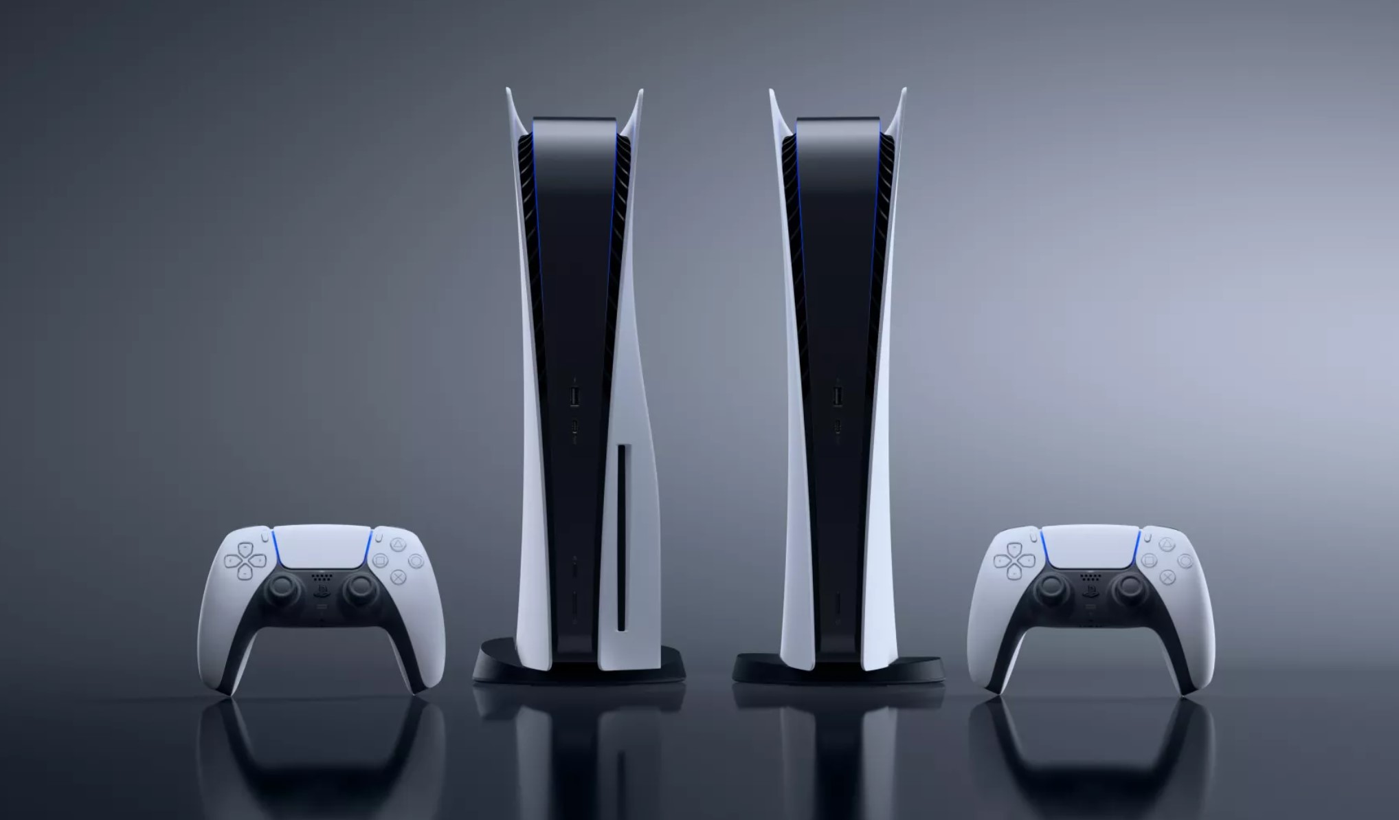 Дискова та цифрова версії PlayStation 5 із контролерами DualSense