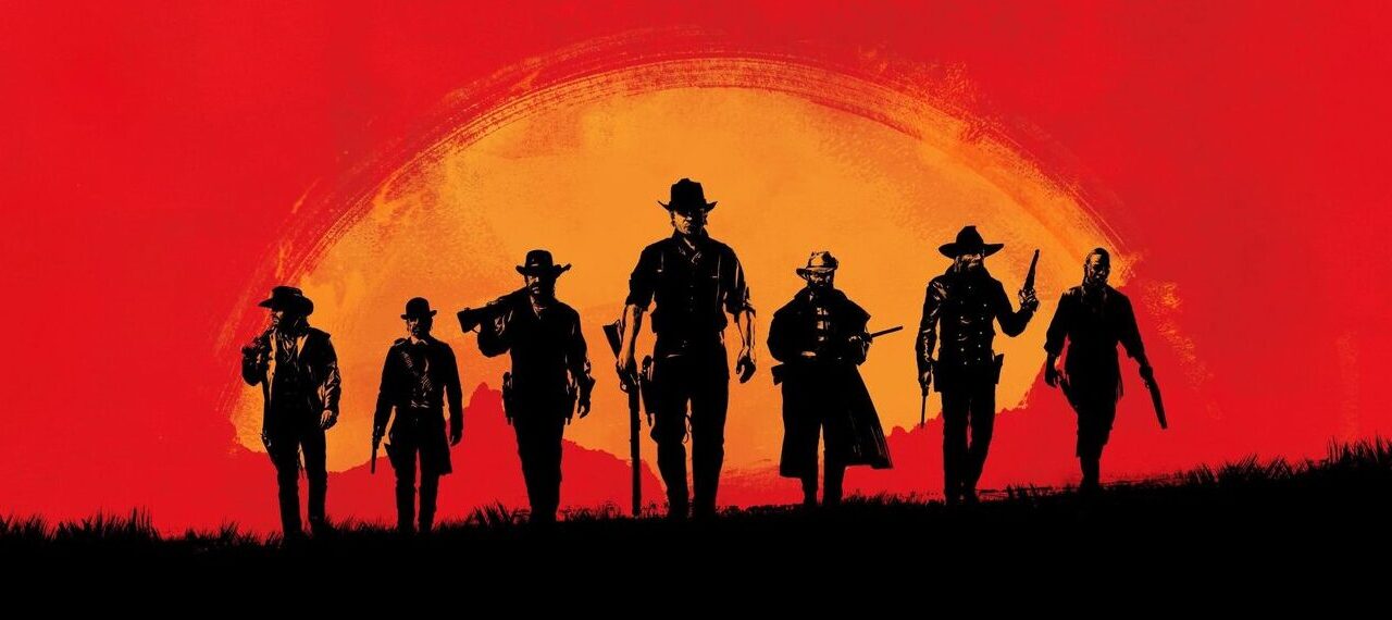Силуети банди на тлі заходу сонця у Red Dead Redemption 2