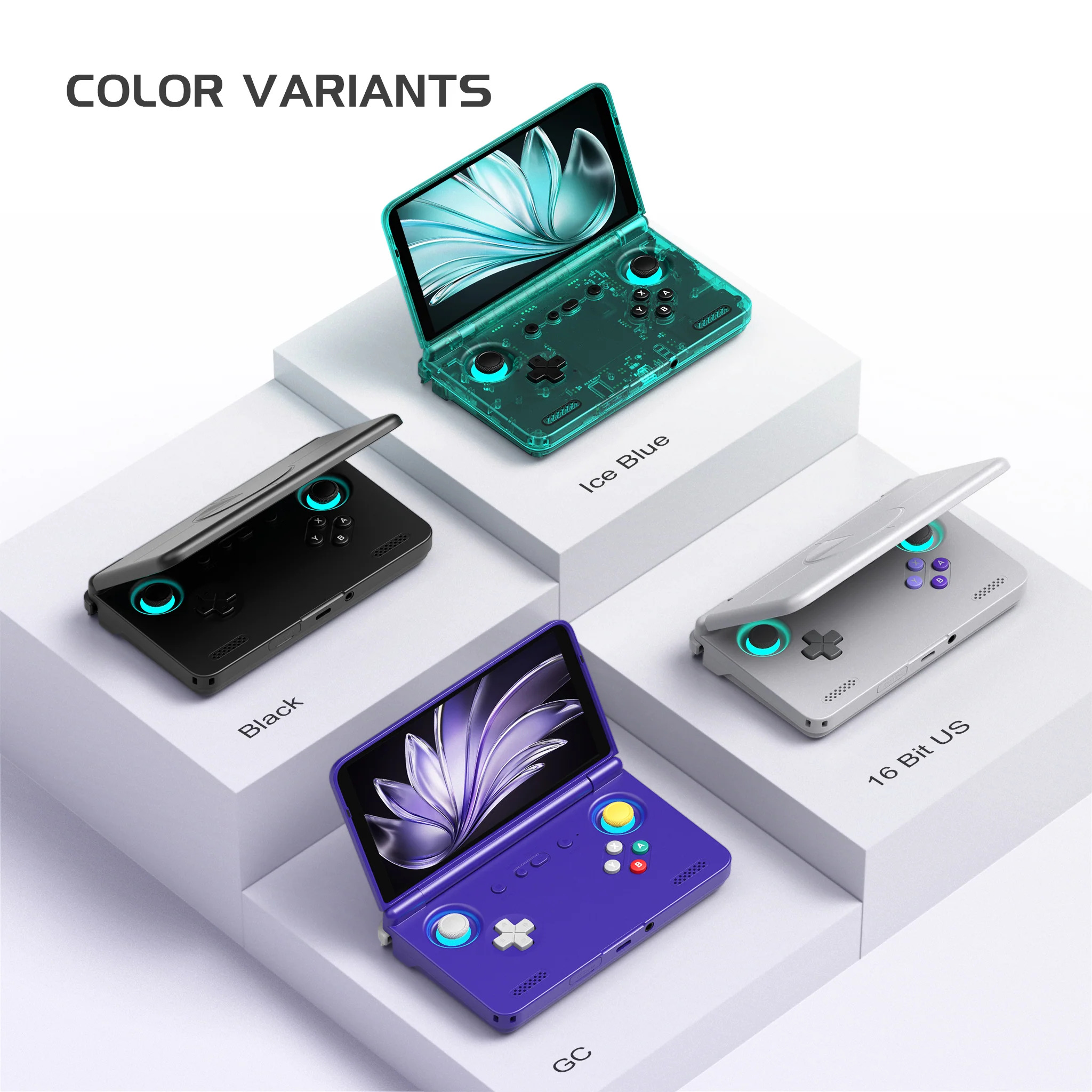 Retroid Pocket Flip 2 у форматі розкладачки в кольорах Black, Ice Blue, 16 Bit US і GC