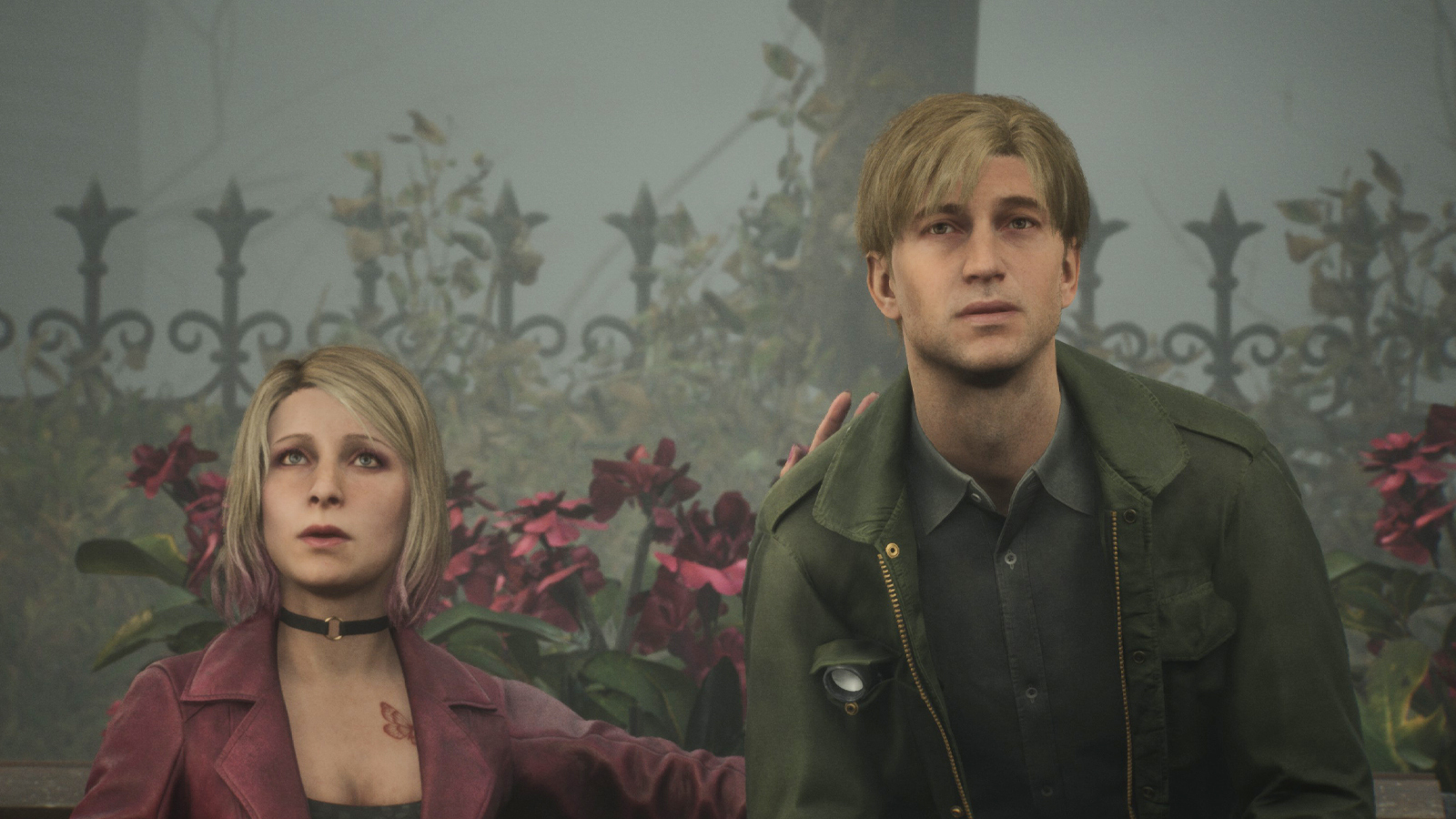 Два персонажі серед квітів у сцені з Silent Hill 2