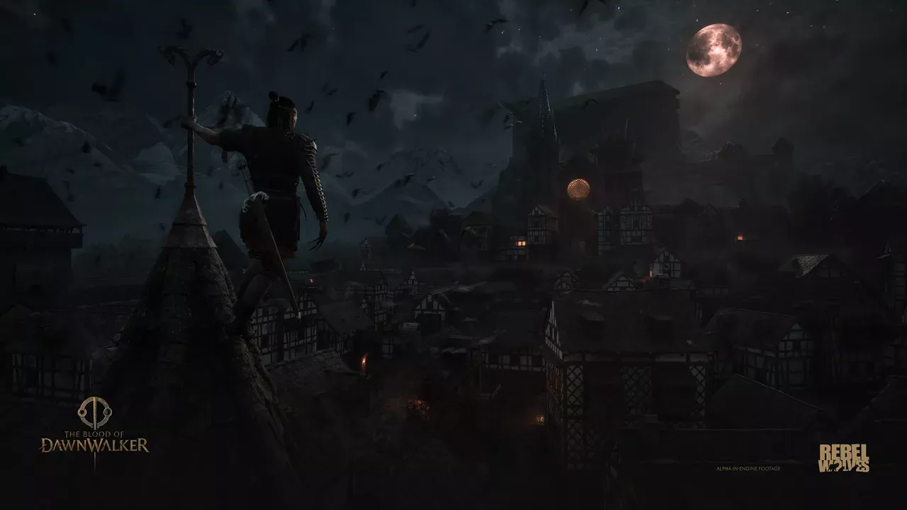 Озброєний персонаж на даху нічного міста під повним місяцем у The Blood of Dawnwalker