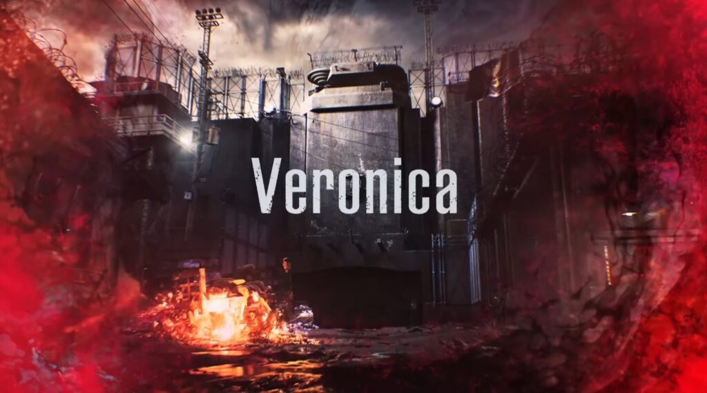 Текст Veronica білим шрифтом на тлі похмурої індустріальної споруди з колючим дротом та вогнем