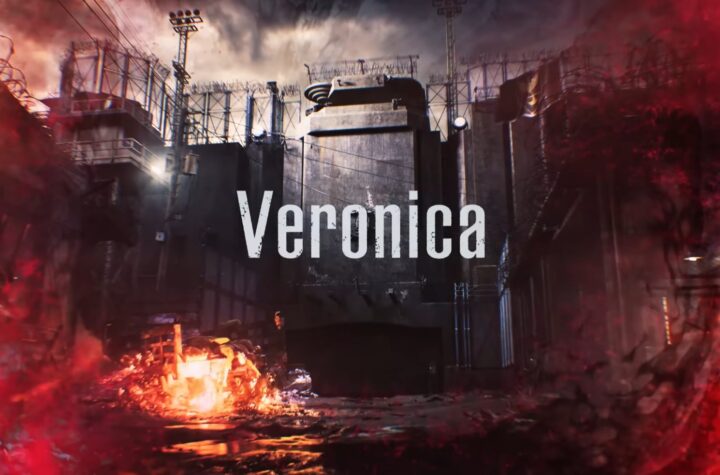Текст Veronica білим шрифтом на тлі похмурої індустріальної споруди з колючим дротом та вогнем