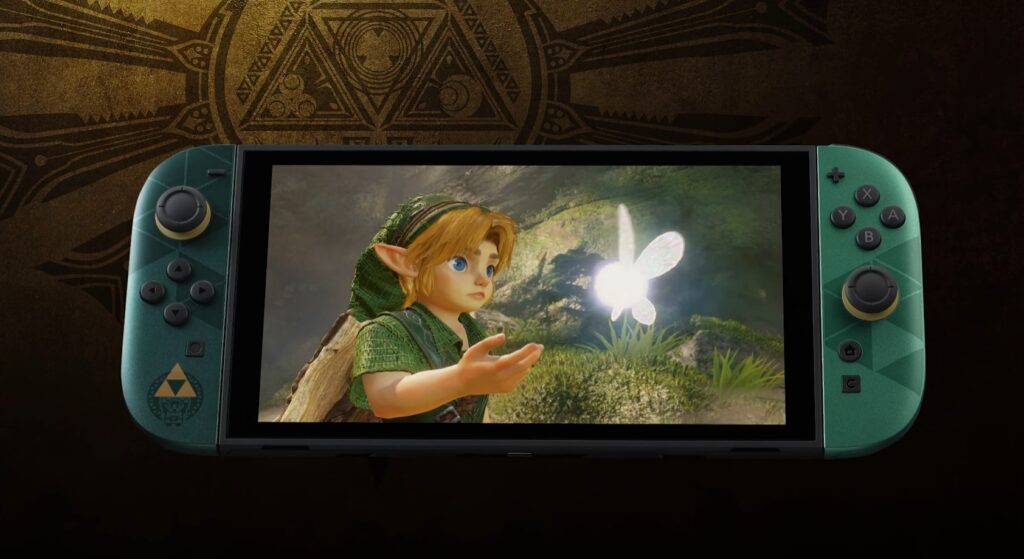 Лінк і фея Наві на екрані ювілейної Nintendo Switch 2 у стилі The Legend of Zelda